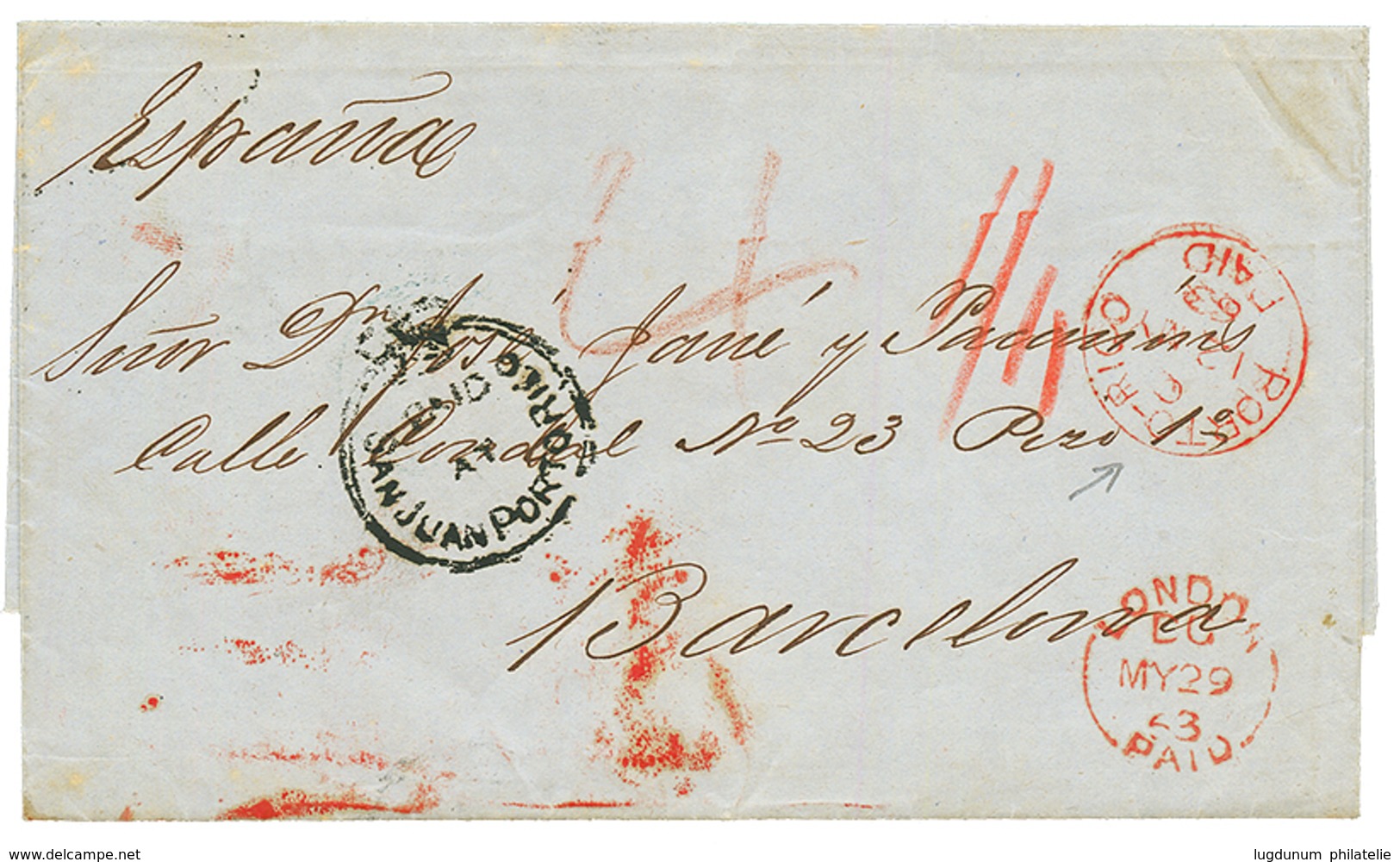 1863 PAID AT SAN JUAN PORTO RICO + Red PORTO-RICO PAID On Entire Letter From GUAYANILLA To SPAIN. Vvf. - Autres & Non Classés