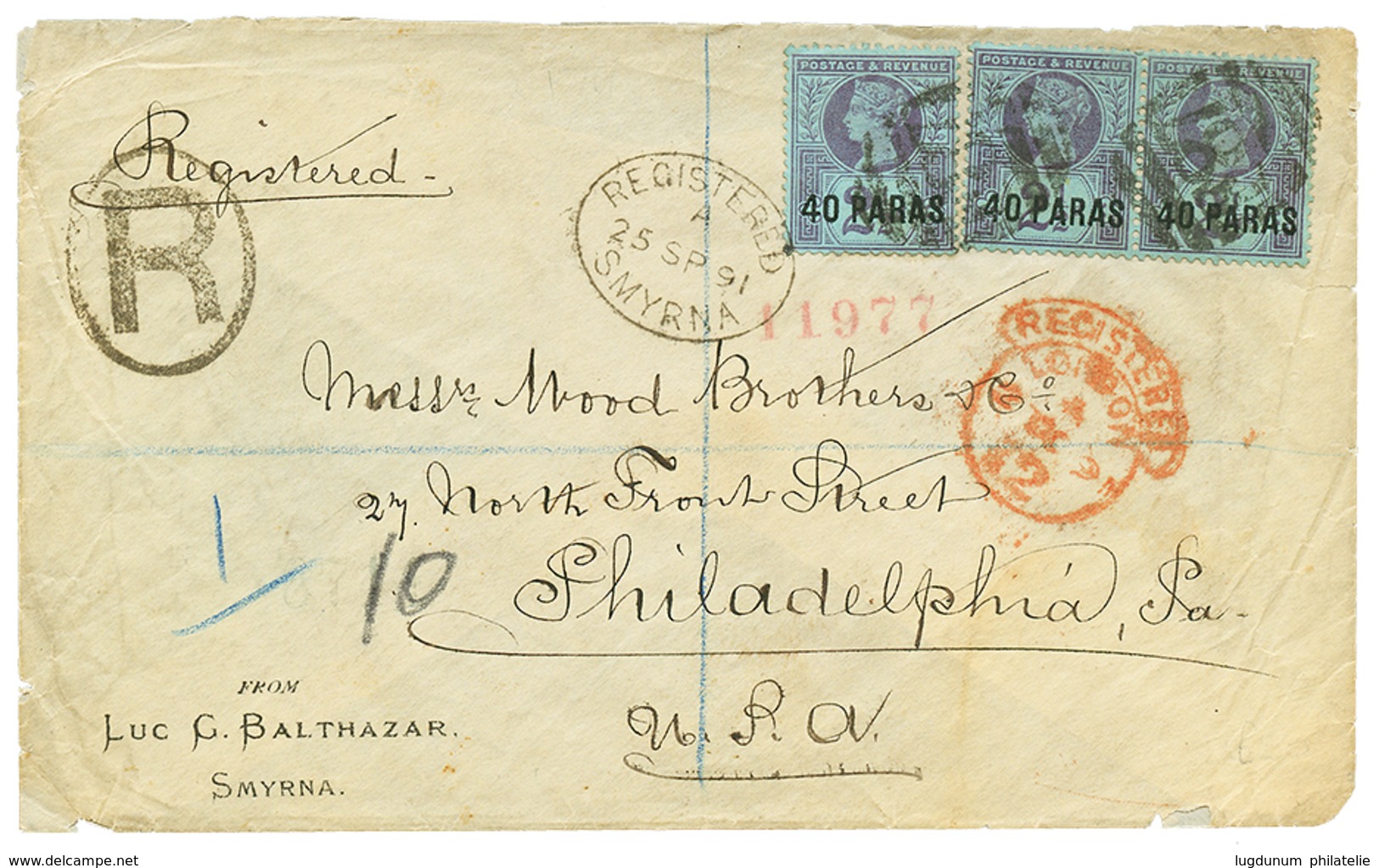 SMYRNA British P.O : 1891 40p On 2 1/2d(x3) Canc. Killer S + REGISTERED SMYRNA On Cover To USA. Vf. - Other & Unclassified