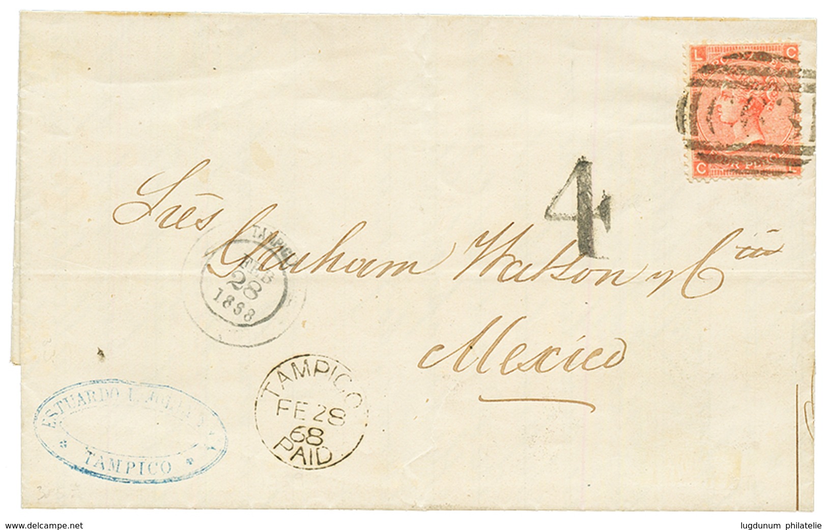 GB Used At TAMPICO : 1868 4d Canc. C63 + TAMPICO PAID + 4 Tax Marking On Entire Letter To MEXICO . Superb. - Autres & Non Classés