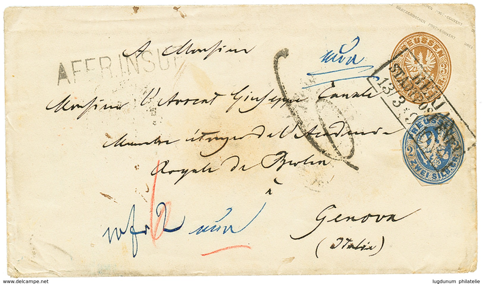 "VERBANO N°2" : 1862 PRUSSIA P./Stat3sgr + 2sgr (postal Stationery Cut) Canc. BERLIN + AFFR. INSUF. + "6" Tax Marking To - Otros & Sin Clasificación