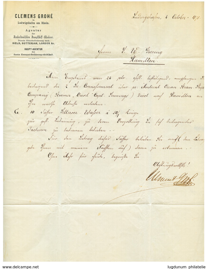 "Destination CANADA" : 1871 K.B BAHNPOST + Tax Marking On Entire Letter From LUDWIGSHAFEN To HAMILTON (CANADA). Vvf. - Otros & Sin Clasificación