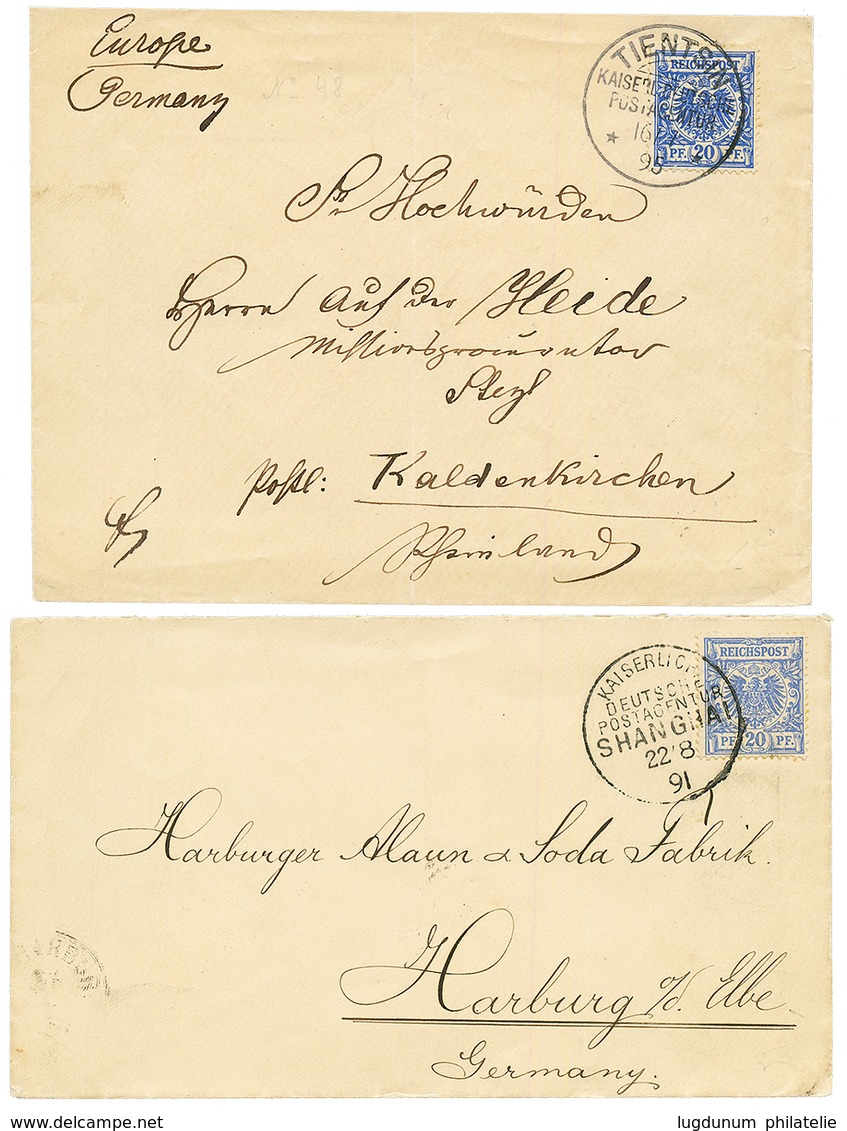 2 Covers : 1891 20pf Canc. SHANGHAI To HARBURG And 1895 20pf Canc. TIENTSIN To GERMANY. Superb. - China (oficinas)