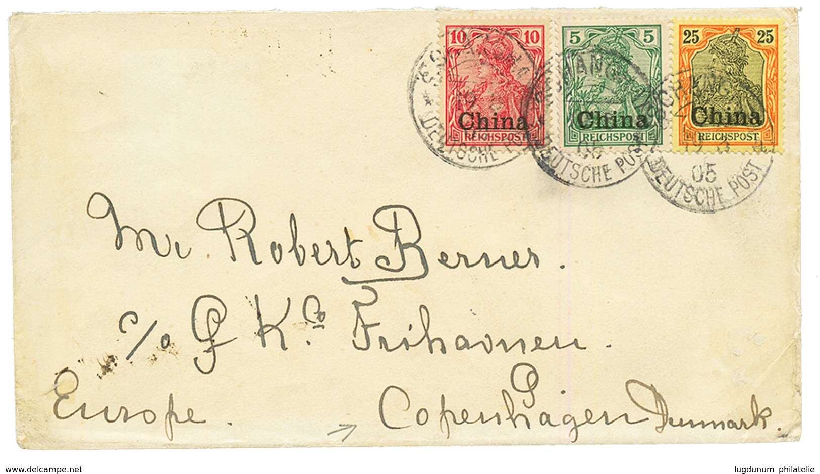 CHINA To DENMARK : 1905 5pf + 10pf + 25pf Canc. SHANGHAI On Envelope To COPENHAGEN (DENMARK). Vvf. - China (oficinas)