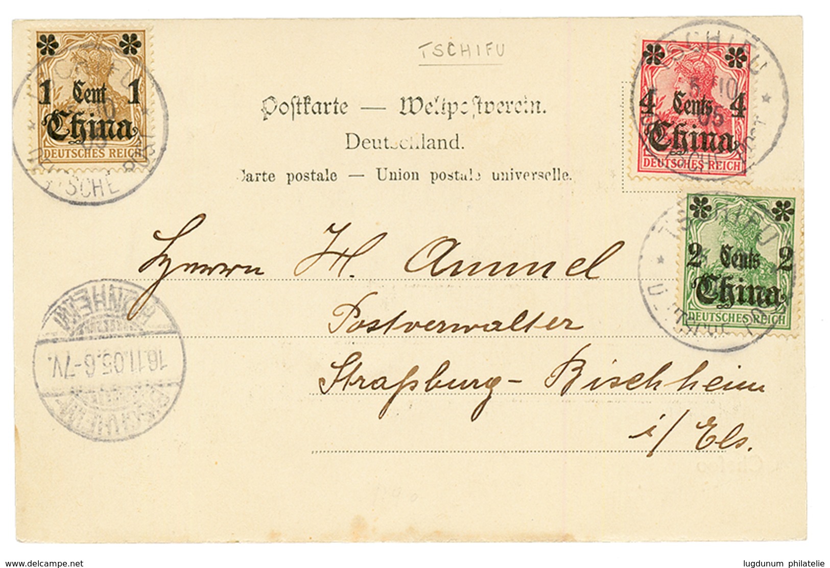 "TSCHIFU" : 1905 1c + 2c + 4c Canc. TSCHIFU On Card To STRASSBURG. Vf. - China (oficinas)