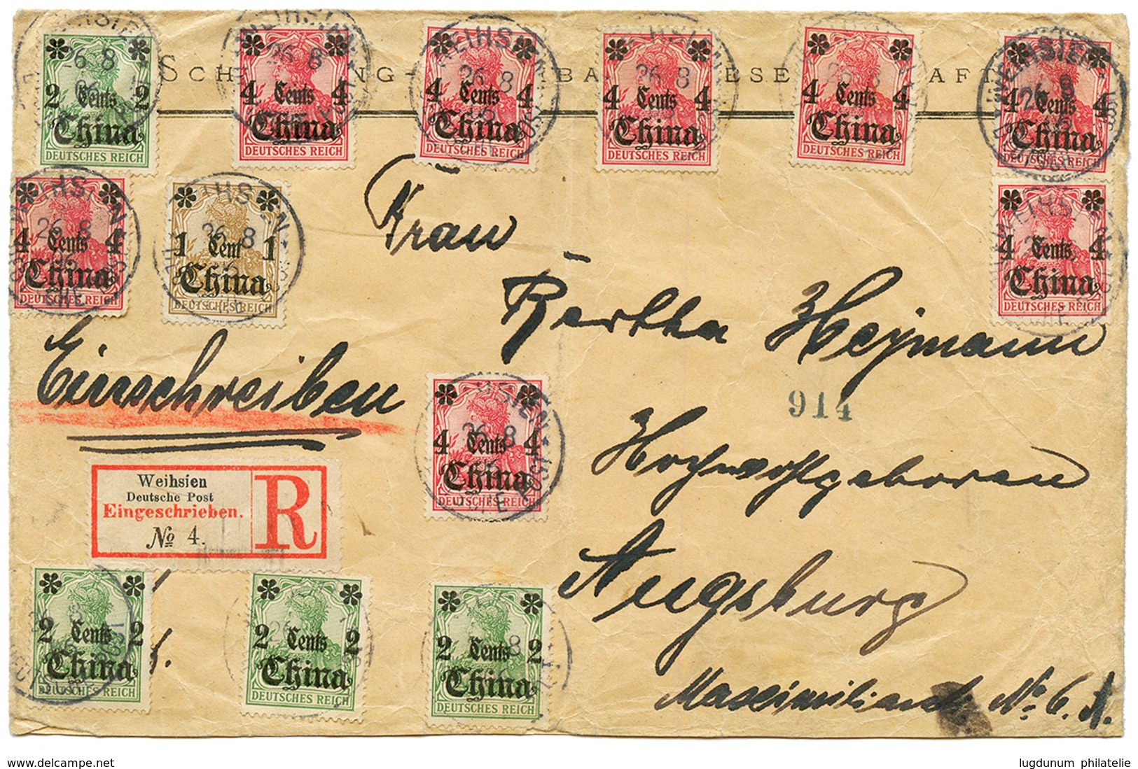 1906 1c On 3pf + 2c On 5pf(x4) + 4c On 10pf(x8) Canc. WEIHSIEN On REGISTERED Envelope To GERMANY. Scarce Franking. Vf. - China (offices)