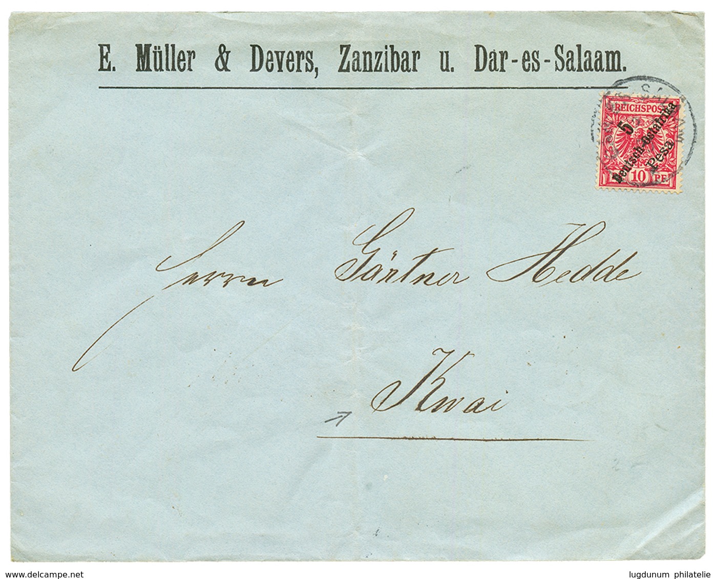 1900 5p On 10pf Canc. DAR-ES-SALAAM On Envelope (crease) To KWAI. Verso, WILHELMSTHAL DOA. Vf. - German East Africa