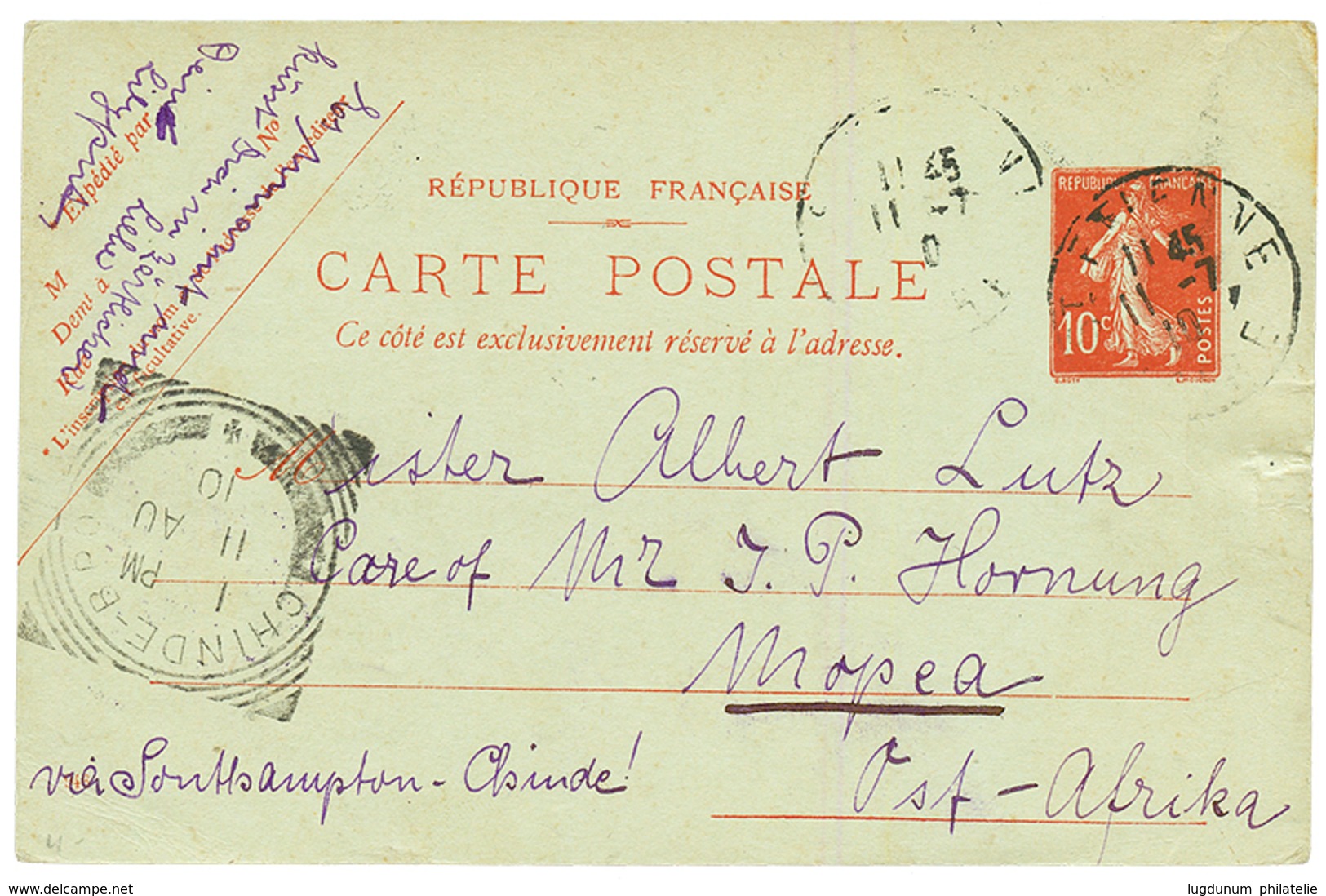 "destination MOPEA Via PORTUGUESE COLONIES & BRITISH CENTRAL AFRICA : 1910 FRANCE POSTAL STATIONERY 10c ( German Text )  - German East Africa