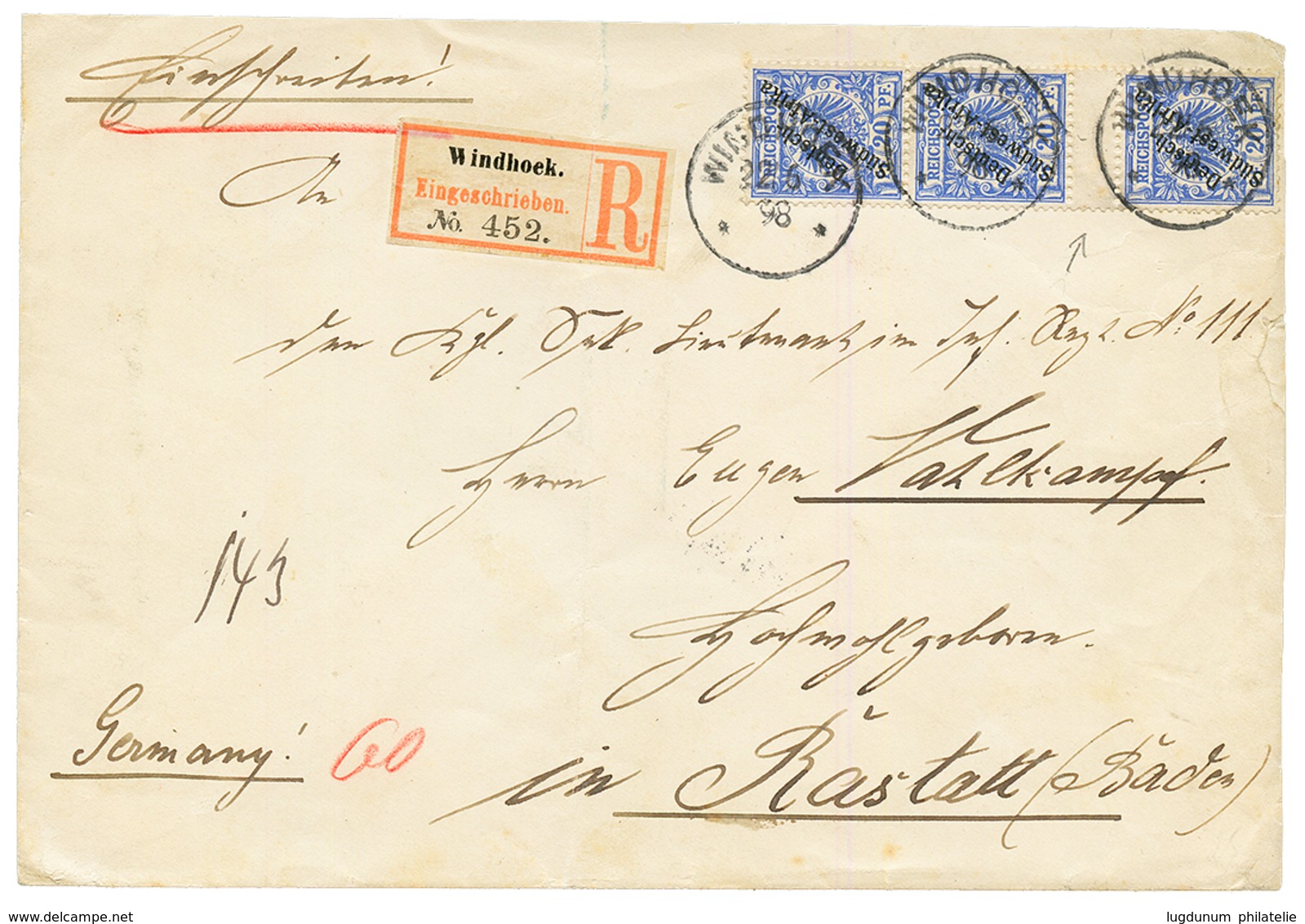 1898 20pf Strip Of 3 With INTERPANNEAU (ZWISCHENSTEGPAARE) Canc. WINDHOEK On REGISTERED Envelope To BADEN. RARE. Vf. - África Del Sudoeste Alemana