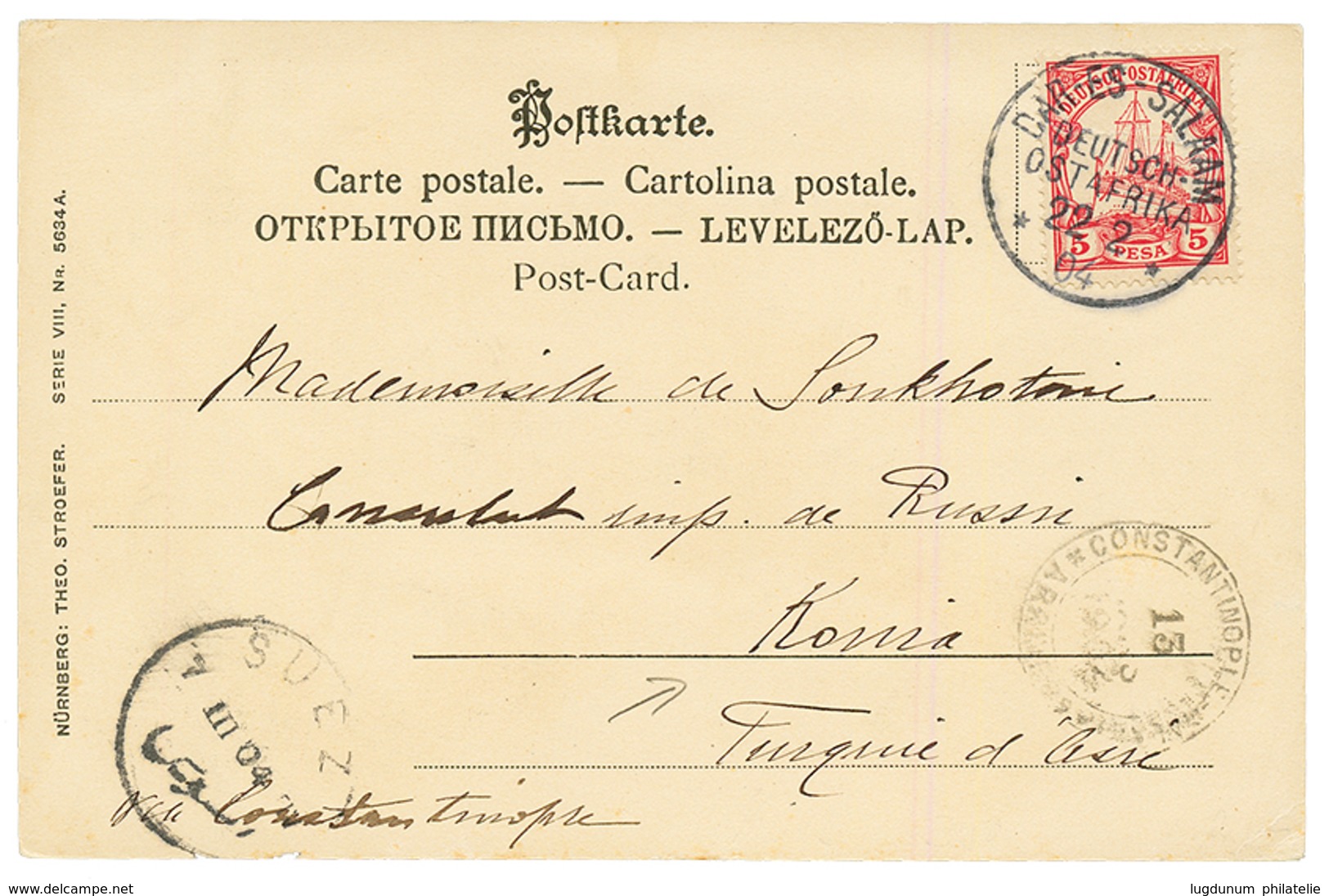 1904 5p Canc. DAR-ES-SALAM + SUEZ Cds On Card To RUSSIAN CONSULATE At KONIA (TURKEY). Rare Destination. Vvf. - German South West Africa