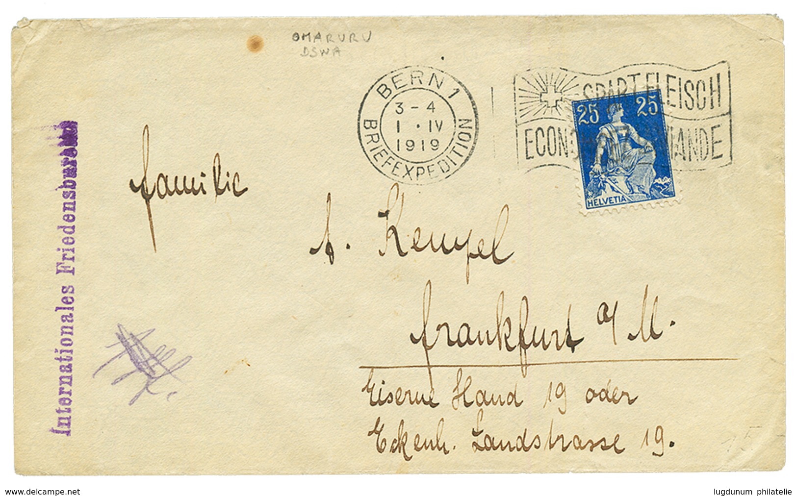 "OMARURU Via SWITZERLAND" : 1919 SWITZERLAND 25c Canc. BERN + INTERNATIONALES FRIEDENSBUREAU In Blue On Envelope From OM - África Del Sudoeste Alemana