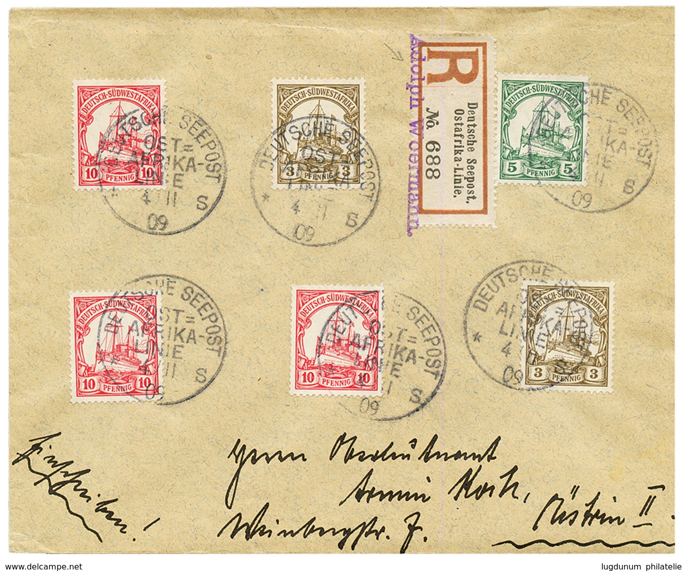 DSWA : 1909 3pf(x2) + 5pf+ 10pf(x3) Canc. DEUTSCHE SEEPOST/ OST AFRIKA LINIE S + "ADOLPH WOERMANN" Violet On REGISTERED  - German South West Africa