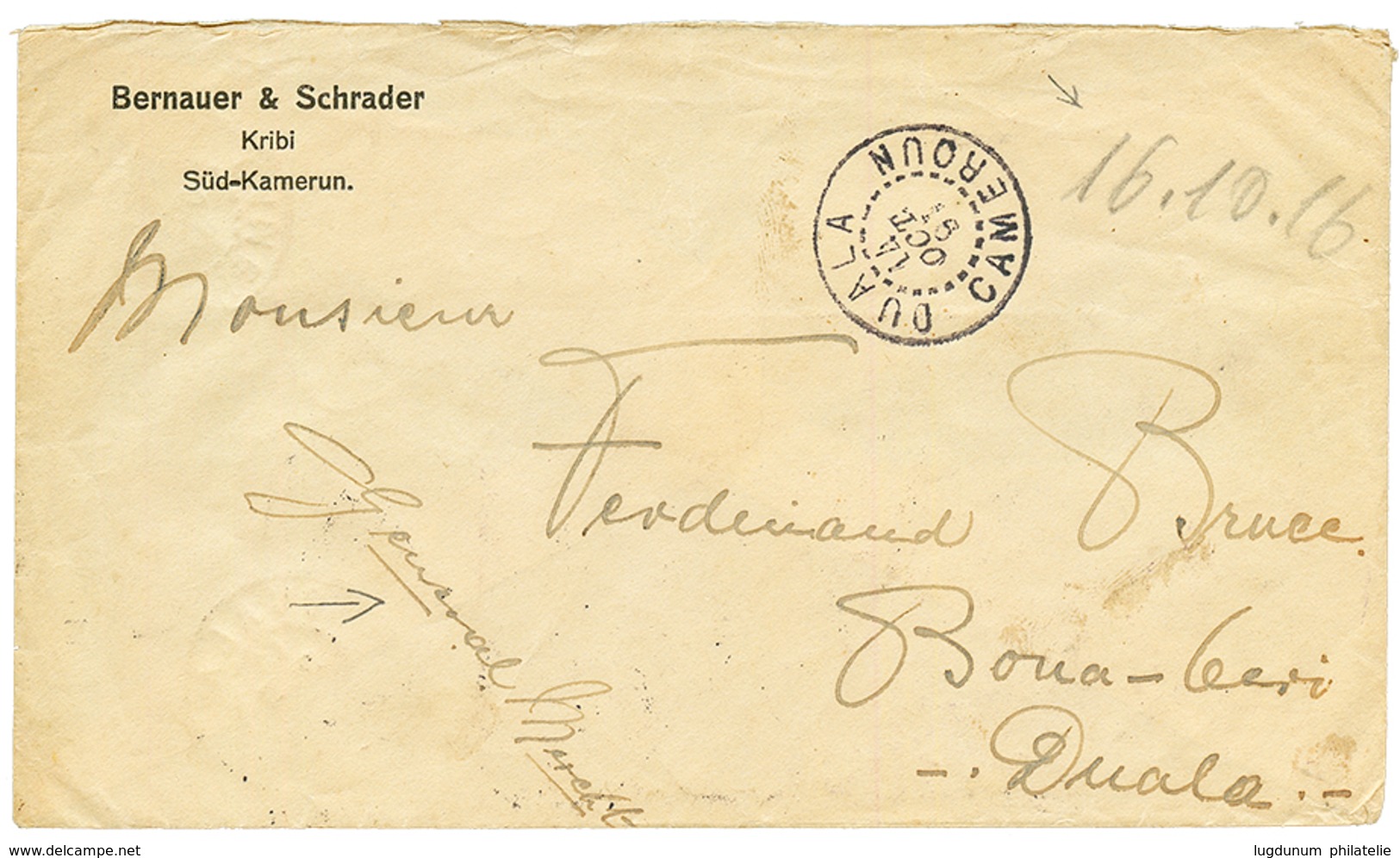 "EBOLOWA" : 1916 "16.10.16" Manus. + "GENERAL MERCHT" + 1c(x2) + 2c(x4) Canc. French DUALA CAMEROUN On Envelope (KRIBI S - Cameroun