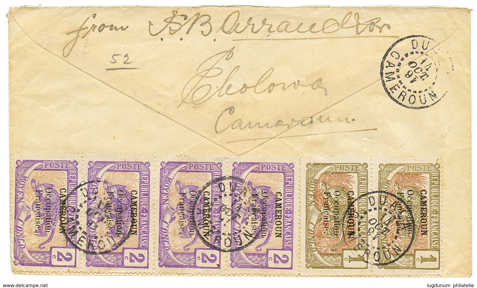 "EBOLOWA" : 1916 "16.10.16" Manus. + "GENERAL MERCHT" + 1c(x2) + 2c(x4) Canc. French DUALA CAMEROUN On Envelope (KRIBI S - Cameroun