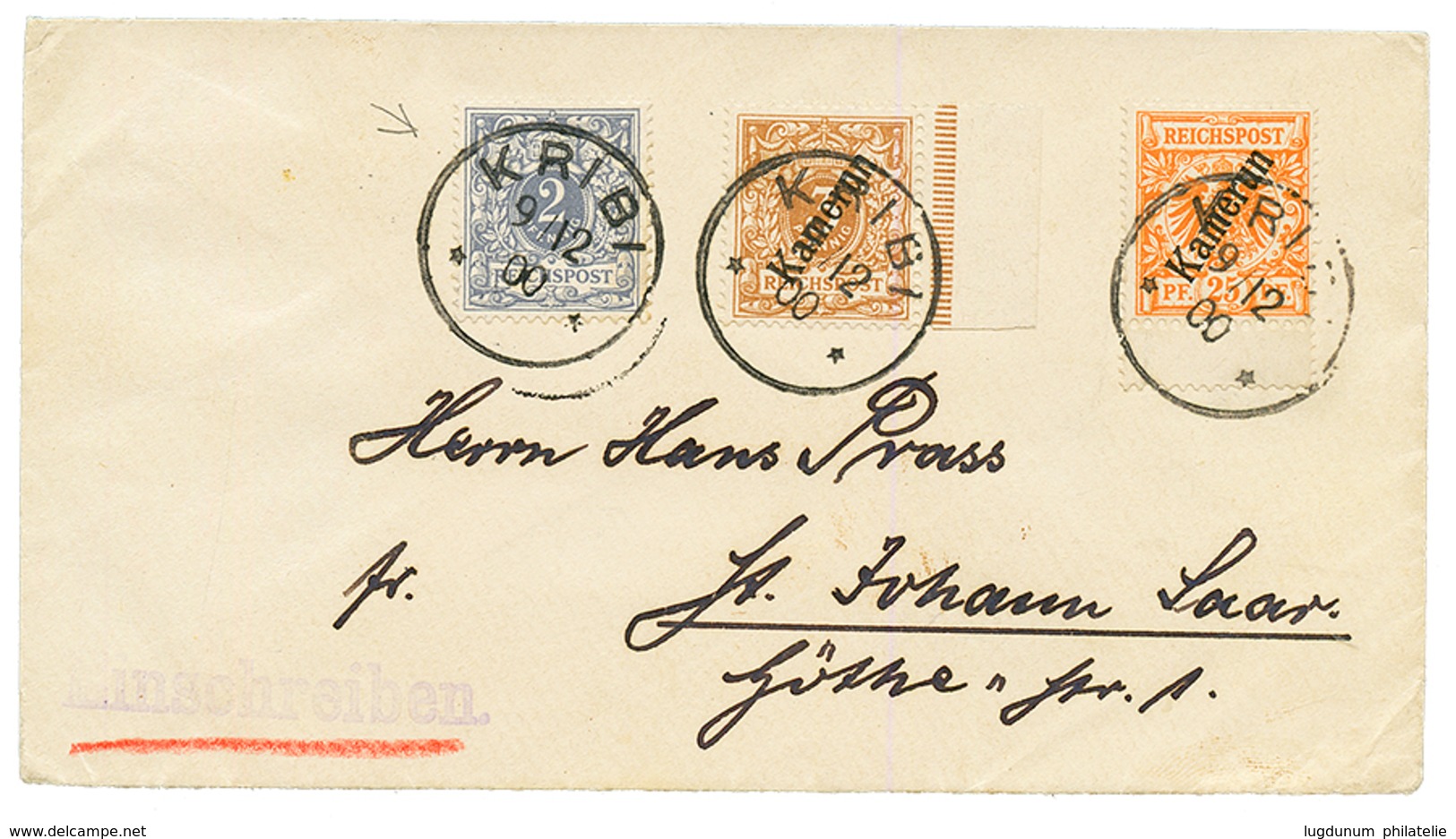 "KRIBI" : 1900 MIXT GERMANY 2pf Grey + KAMERUN 3pf (n°1) + 25pf (n°5) Canc. KRIBI On REGISTERED Envelope To GERMANY. Rar - Cameroun