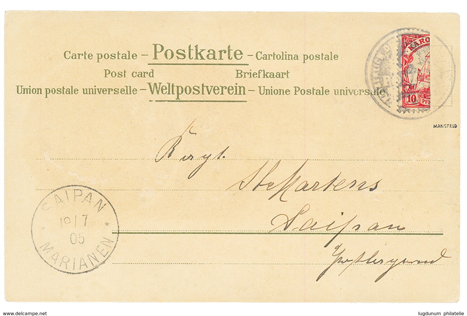 1905 Bisect 10pf Canc. Negativ Cachet PONAPE On Card (GruSS) To SAIPAN MARIANEN. Signed MANSFELD. Vvf. - Islas Carolinas