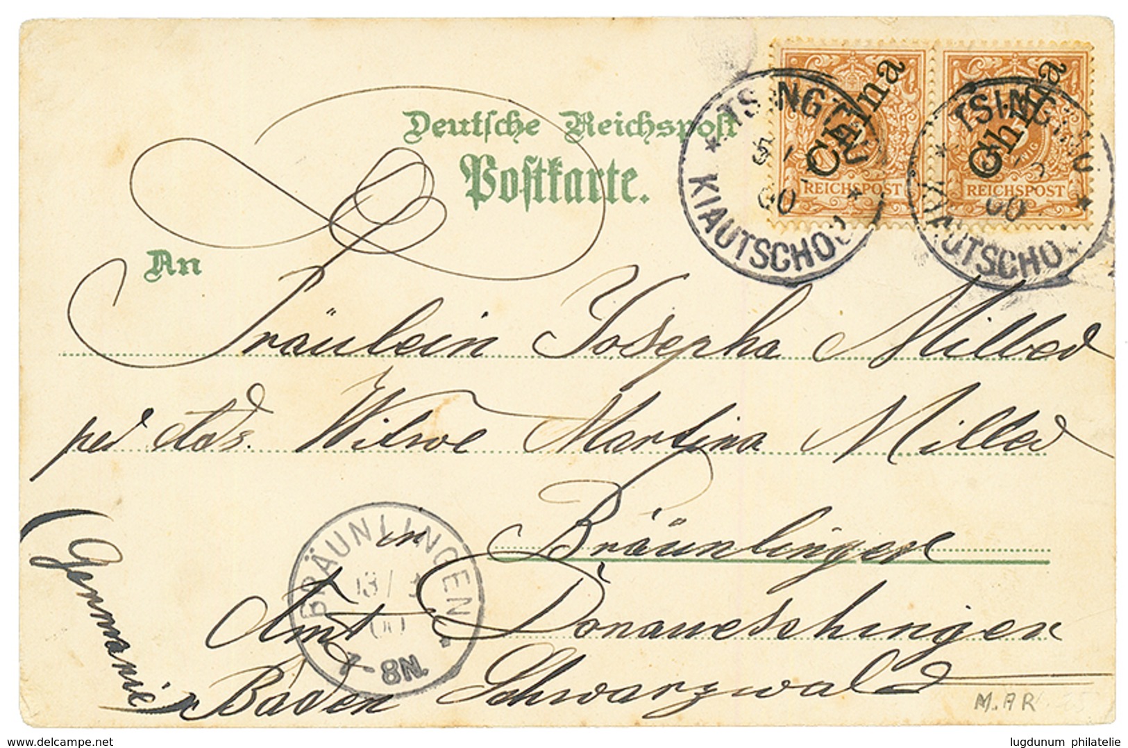 1900 CHINA Pair 3pf Canc. TSINGTAU KIAUTSCHOU On Card (GruSS In Color) To GERMANY. Vvf. - Kiauchau