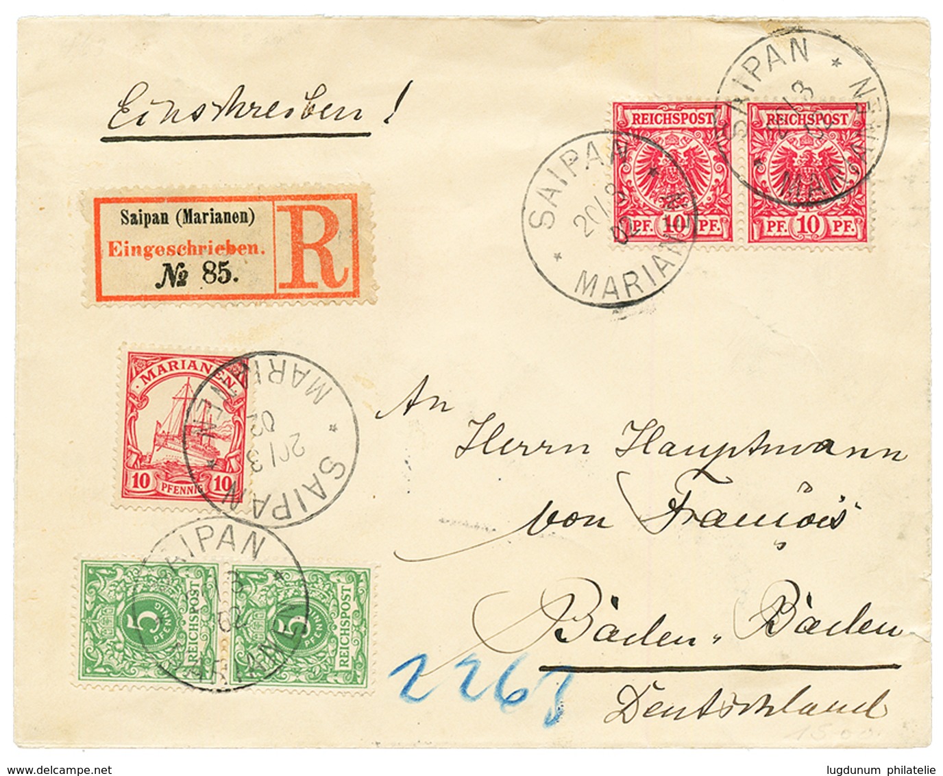 MARIANEN - VORLAUFER : 1902 GERMANY 5pf(x2) + 10pf(x2) + MARIANEN 10pf Canc. SAIPAN On REGISTERED Envelope To BADEN. Sca - Mariana Islands