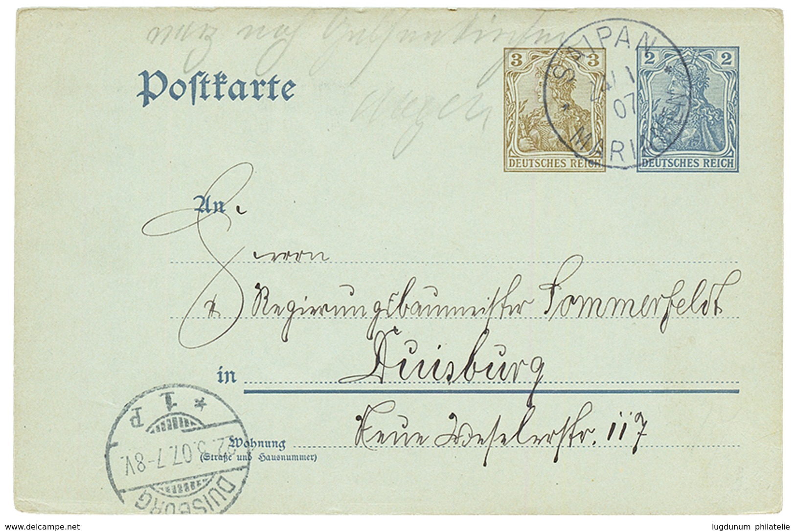 1907 GERMANY P./Stat 3pf + 2pf Canc. SAIPAN MARIANEN To DUISBURG With Arrival Cds. Superb. - Islas Maríanas