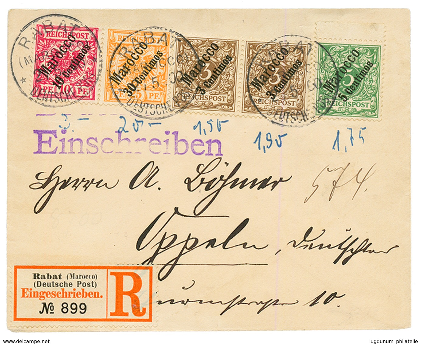 MOROCCO : 1900 3pf(x2)+ 5pf+ 10f+ 25pf Canc. RABAT MAROCCO On REGISTERED Cover To GERMANY. Vvf. - Marruecos (oficinas)