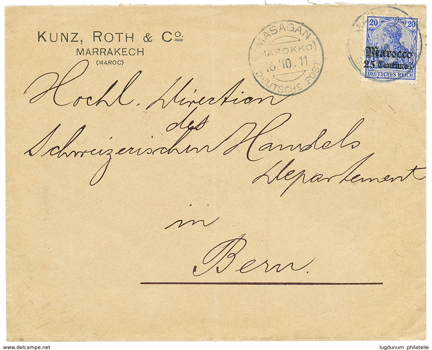 1911 25c On 25pf Canc. MASAGAN MAROKKO On Commercial Envelope From MARAKECH To SWITZERLAND. Vvf. - Marruecos (oficinas)