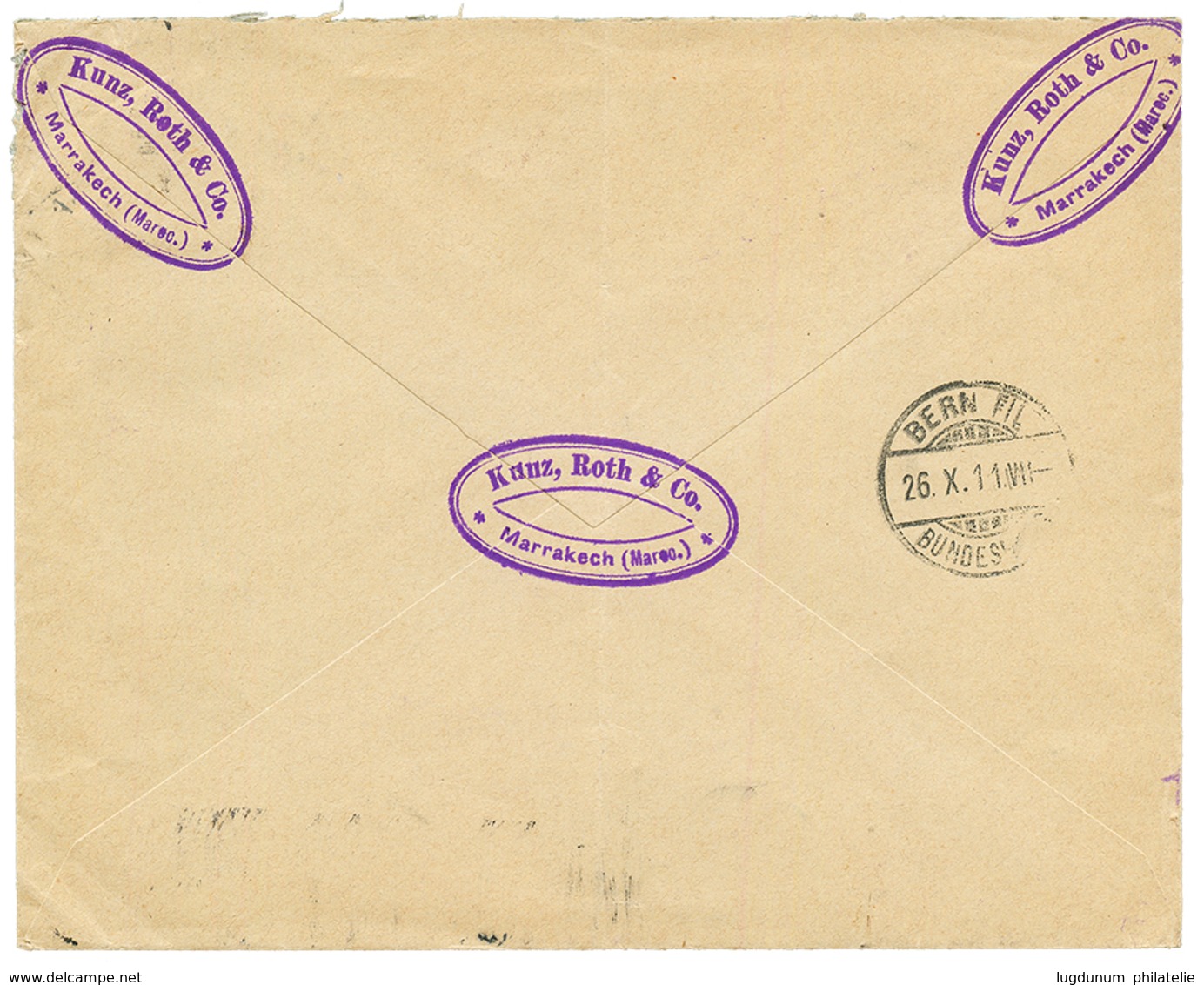 1911 25c On 25pf Canc. MASAGAN MAROKKO On Commercial Envelope From MARAKECH To SWITZERLAND. Vvf. - Marruecos (oficinas)