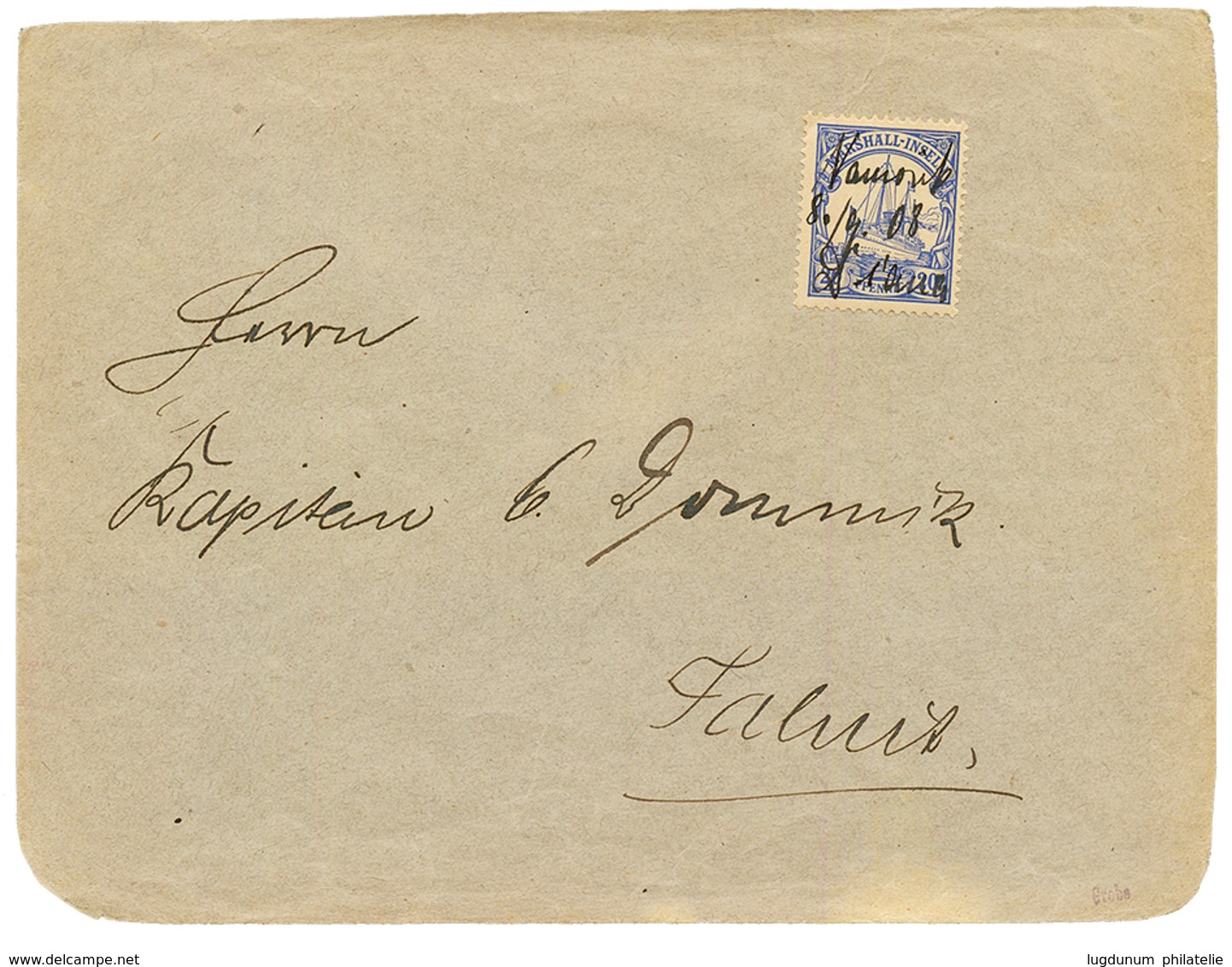 "ATOLL POST" : 1908 20pf Pen Cancel On REGISTERED Envelope To JALUIT. Signed GROBE. Vvf. - Marshall Islands