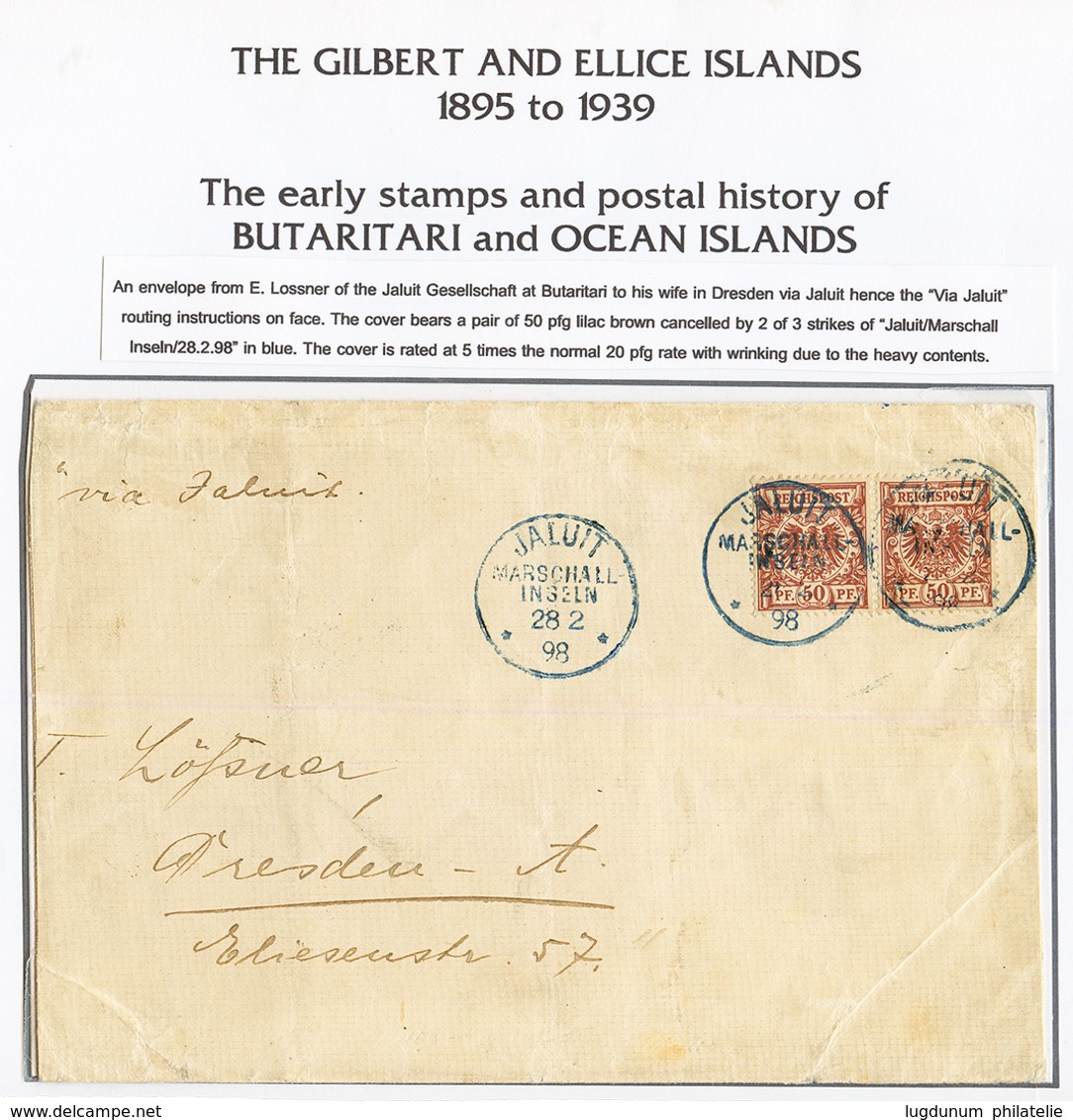 1898 Pair 50pf Canc. JALUIT MARSCHALL INSELN In Blue On Envelope (reduced At Left) + "VIA JALUIT" To Madam LOSSNER In DR - Marshall Islands