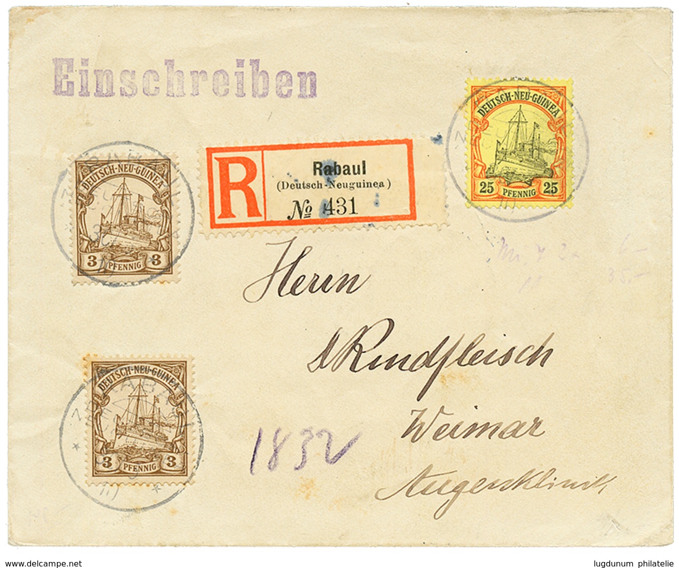 "RABAUL" : 1910 3pf(x2) + 25pf Canc. RABAUL On REGISTERED Envelope To WEIMAR. Vf. - German New Guinea