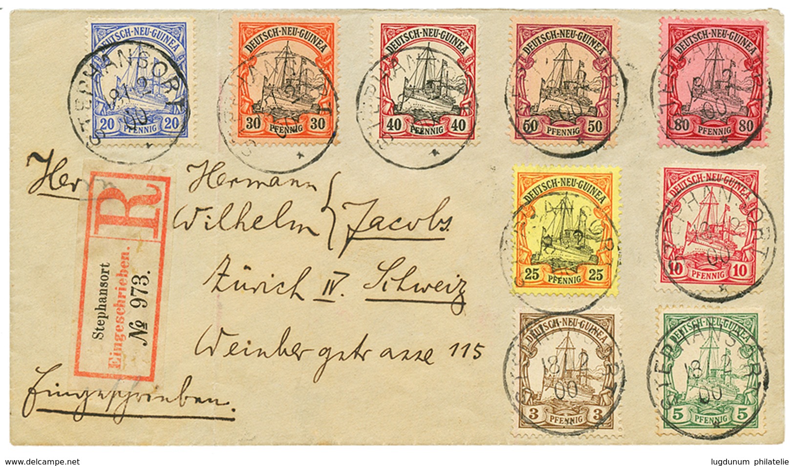 1900 3pf To 80pf Canc. STEPHANSORT On REGISTERED Envelope To SWITZERLAND. Superb. - Nueva Guinea Alemana