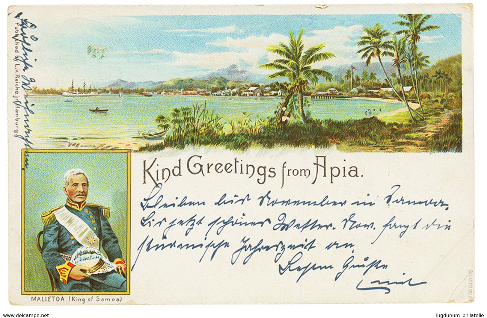 1900 5pf Canc. APIA On Card (Gruss In Color MALIETOA) To POSTDAM. Signed LANTELME. Vf. - Samoa