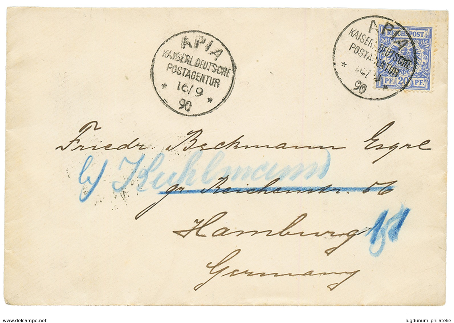 VORLAUFER : 1890 20pf (V48a) Canc. APIA On Envelope To GERMANY. Signed LANTELME. Superb. - Samoa