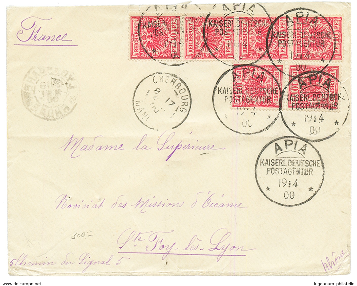 SAMOA - VORLAUFER - MISSIONARY Correspondance : 1900 GERMANY 10pf(x6) Canc. APIA On Envelope To French "MISSIONS En OCEA - Samoa