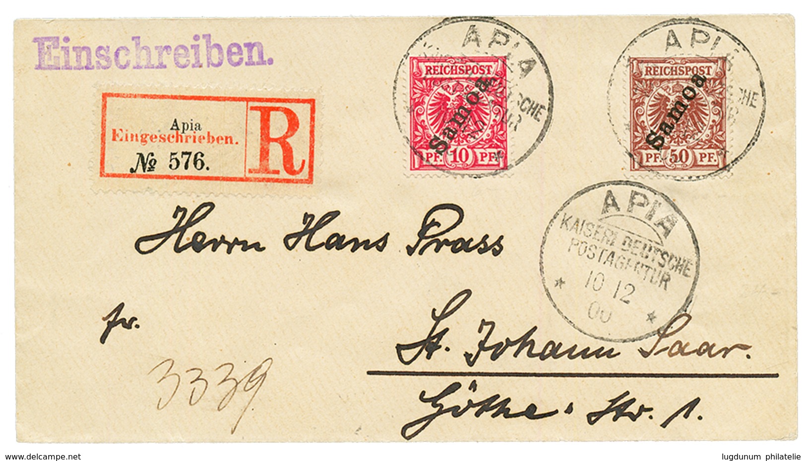 1900 10pf + 50pf Canc. APIA On REGISTERED Envelope To GERMANY. Superb. - Samoa