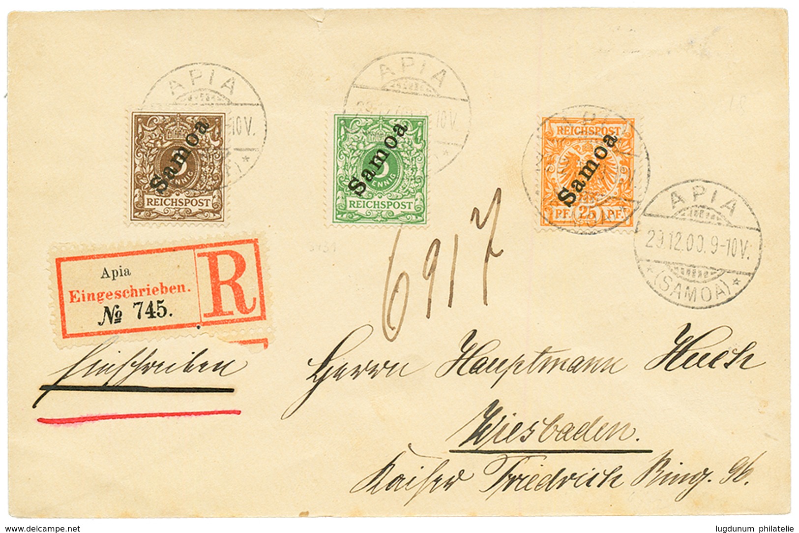 1900 3pf + 5pf + 25pf Canc. APIA SAMOA On REGISTERED Envelope To WIESBADEN. Superb. - Samoa