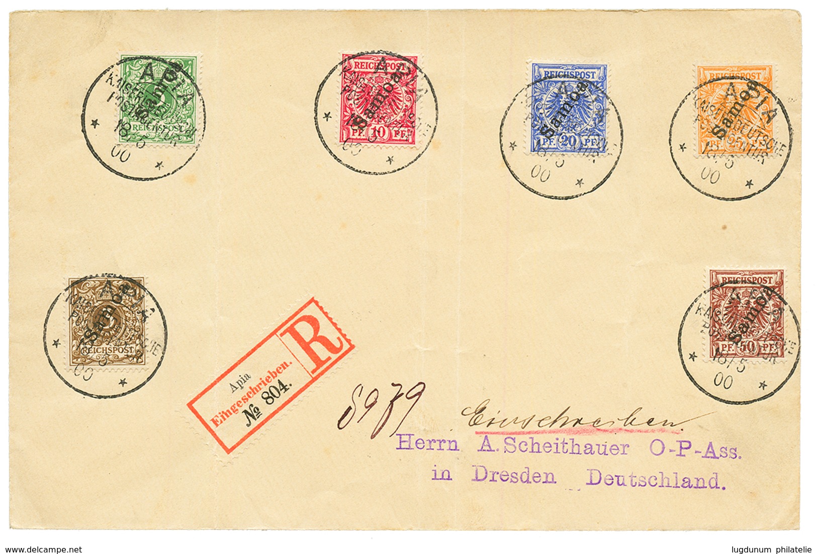 1900 3pf + 5pf + 10pf+ 20pf+ 25pf+ 50pf Canc. APIA On REGISTERED Envelope To DRESDEN. Superb. - Samoa