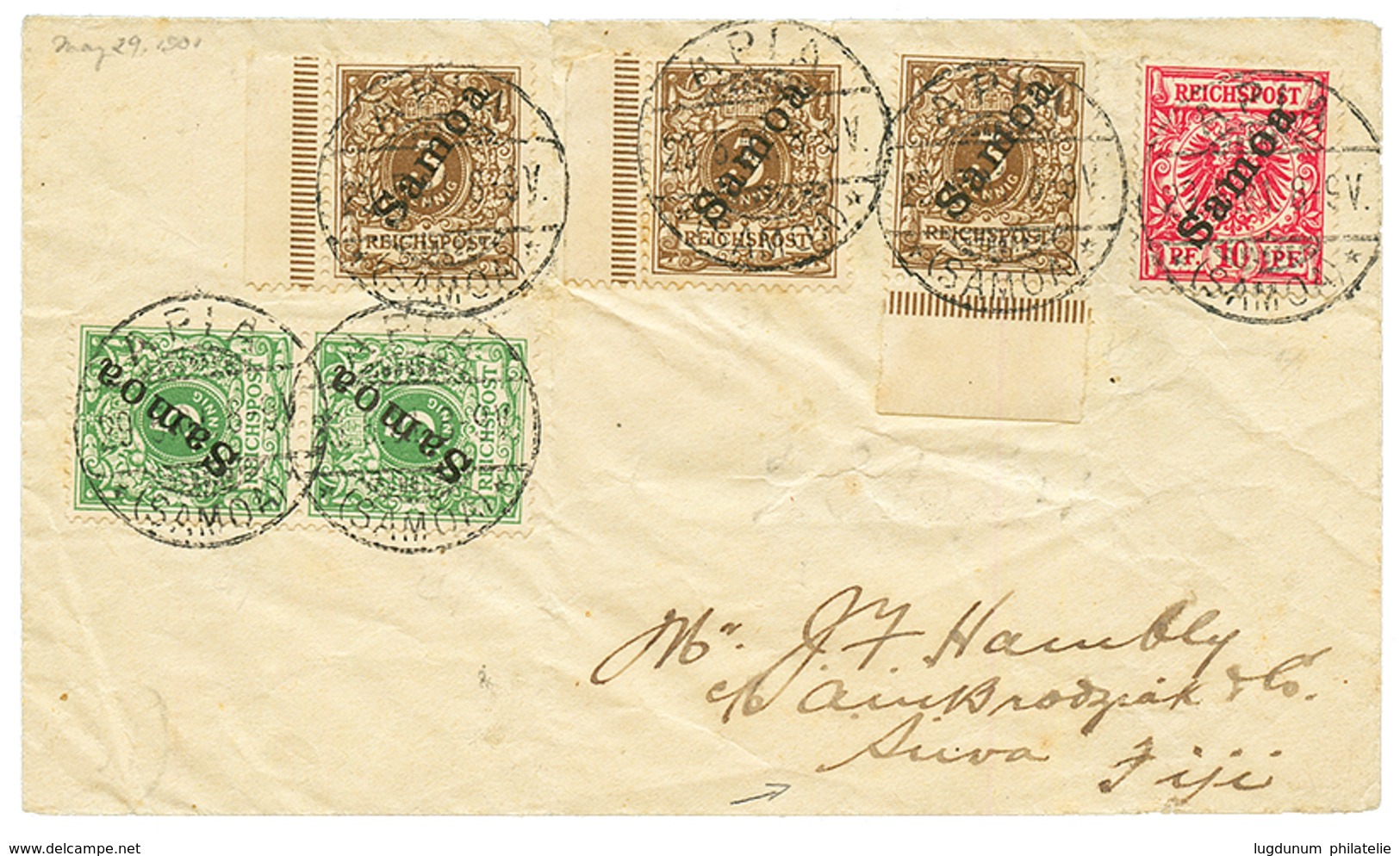 "SAMOA To FIJI": 1901 3pf (x3) + 5pf (x2)+ 10pf Canc. APIA On Envelope To SUVA (FIJI) With Arrival Cds Of LEVUKA . Vf. - Samoa