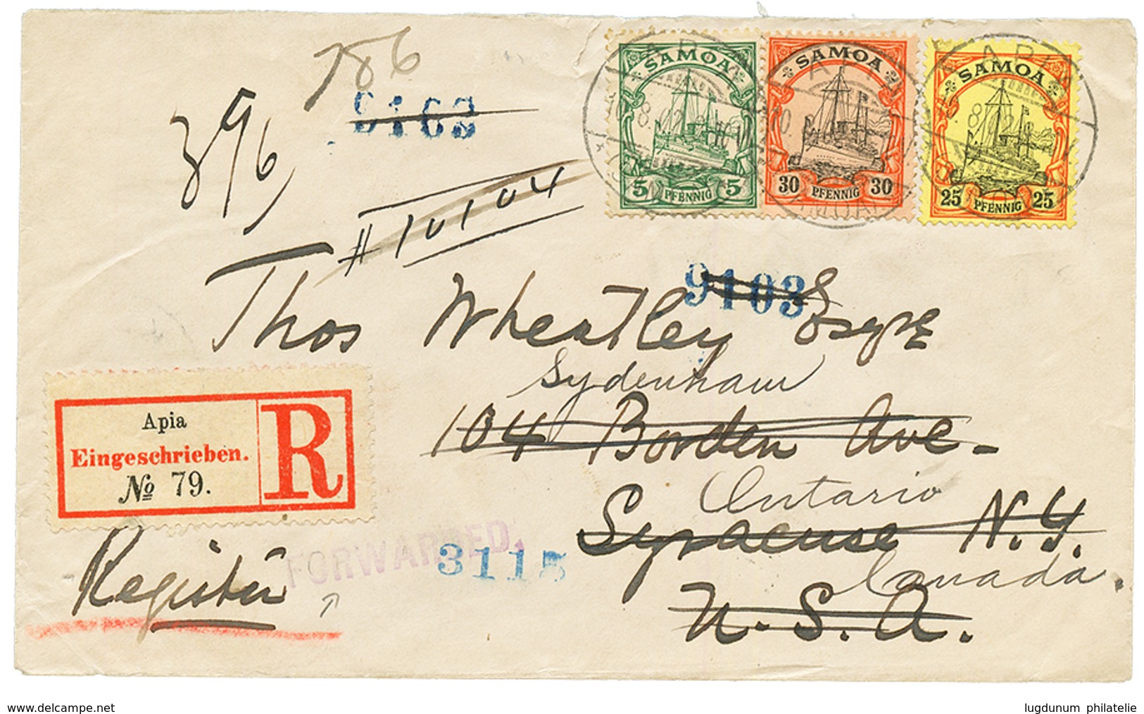 "SAMOA To USA Redirected To CANADA" : 1902 5pf + 25pf+ 30pf Canc. APIA On REGISTERED Envelope To SYRACUSE (USA) Redirect - Samoa