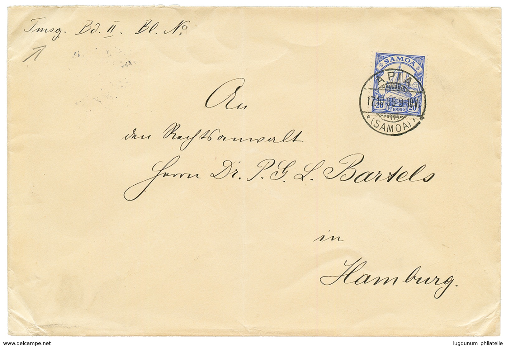 1905 20pf Canc. APIA SAMOA On (military Mail ?) Envelope To HAMBURG. Superb. - Samoa