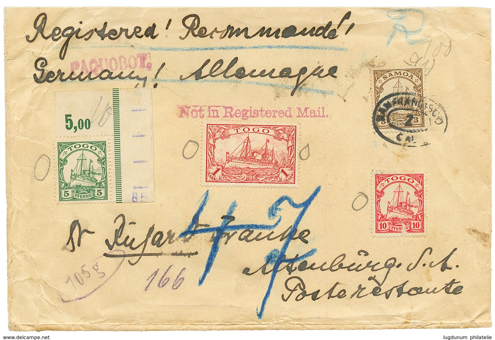 1909 SAMOA 3pf Canc. SAN FRANCISCO CAL Cds + TOGO 5pf + 10pf(fault) + 1 MARK Refused + PAQUEBOT + NOT IN REGISTERED MAIL - Samoa