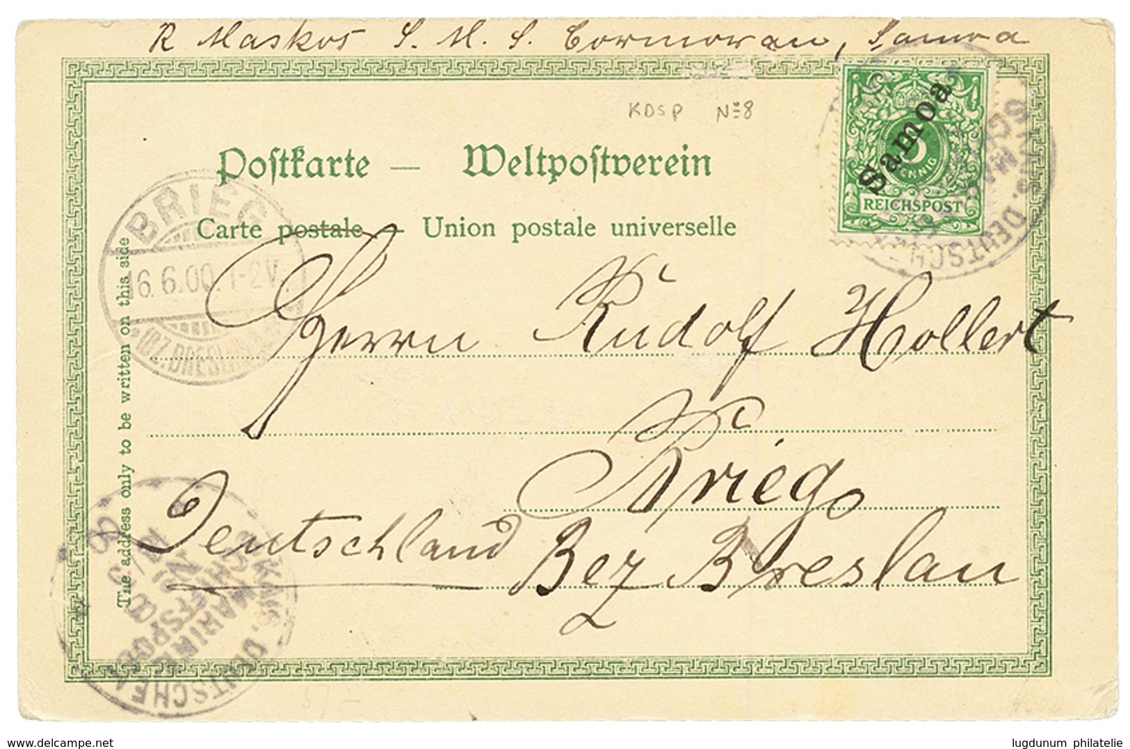 1900 5pf Canc. KDSP N°8 On Card (Gruss TALOFA) From "S.MS CORMORRAN SAMOA" To GERMANY. Vf. - Samoa