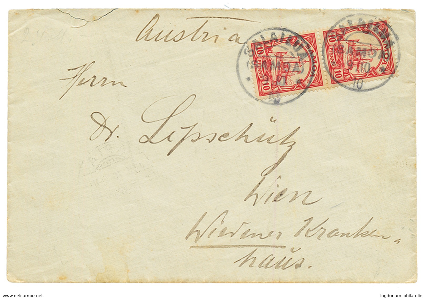 1910 10pf (x2) Canc. SALAILUA SAMOA On Envelope To WIEN (AUSTRIA). Vf. - Samoa