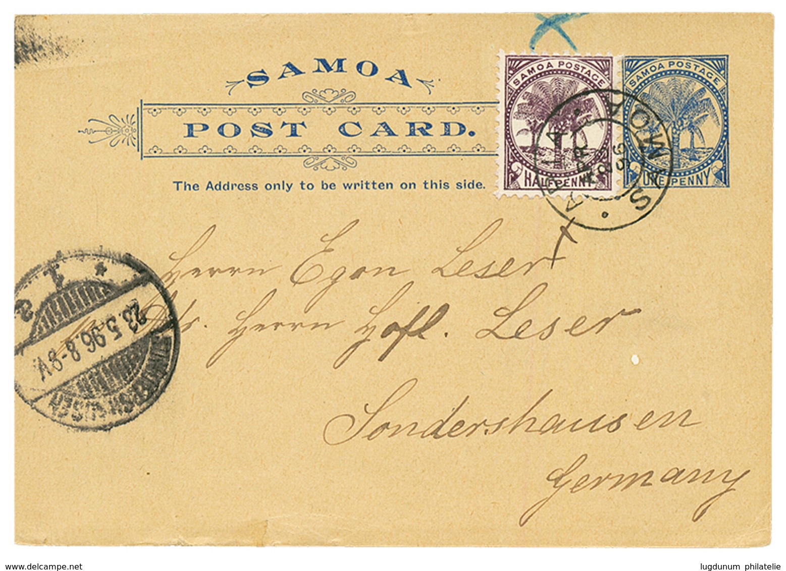 DAVIS POST : 1896 POSTAL STATIONERY One PENNY Blue Canc. APIA SAMOA To GERMANY With Arrival Cds. Very Small Tear. RARE.  - Samoa