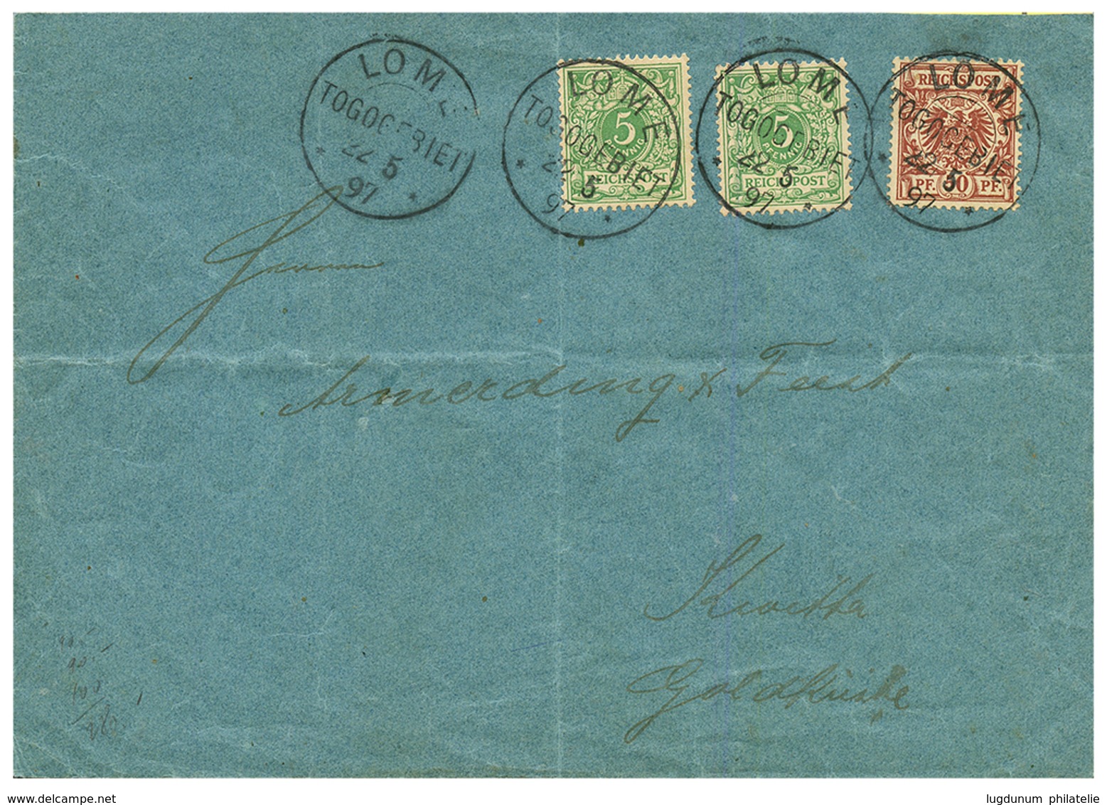 VORLAUFER - Triple Rate : 1897 5pf(v46c)x2 + 50pf (v50d) Canc. LOME On Envelope To GERMANY. STEUER Certificate (2018). V - Togo