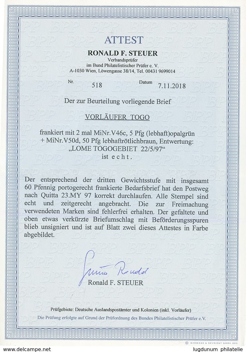 VORLAUFER - Triple Rate : 1897 5pf(v46c)x2 + 50pf (v50d) Canc. LOME On Envelope To GERMANY. STEUER Certificate (2018). V - Togo