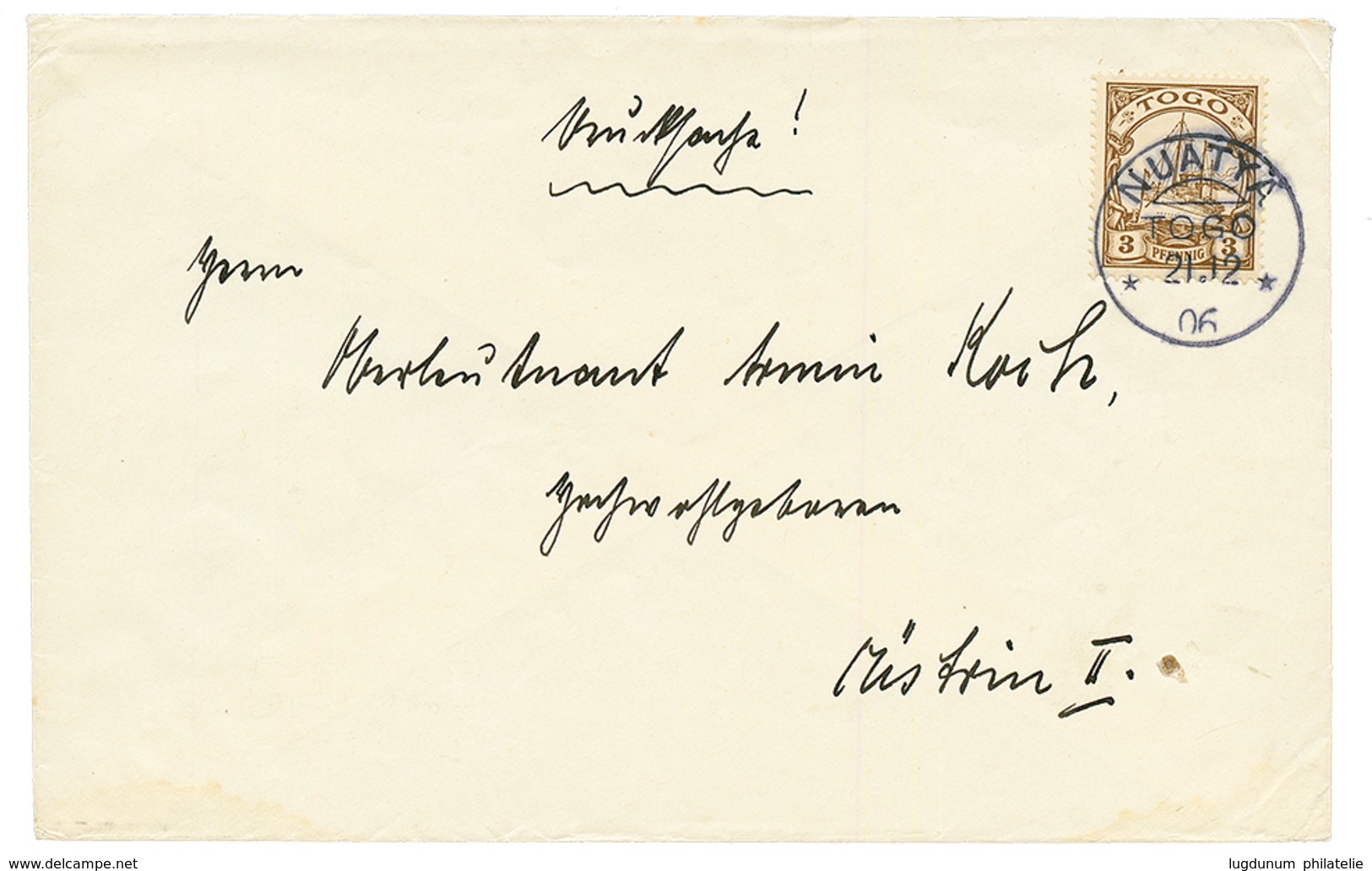 "AGOME PALIME Via NUATYA" : 1906 3pf Canc. NUATYA TOGO On Envelope (PRINTED MATTER Rate) To GERMANY. Verso, "Abs GOTTWAL - Togo