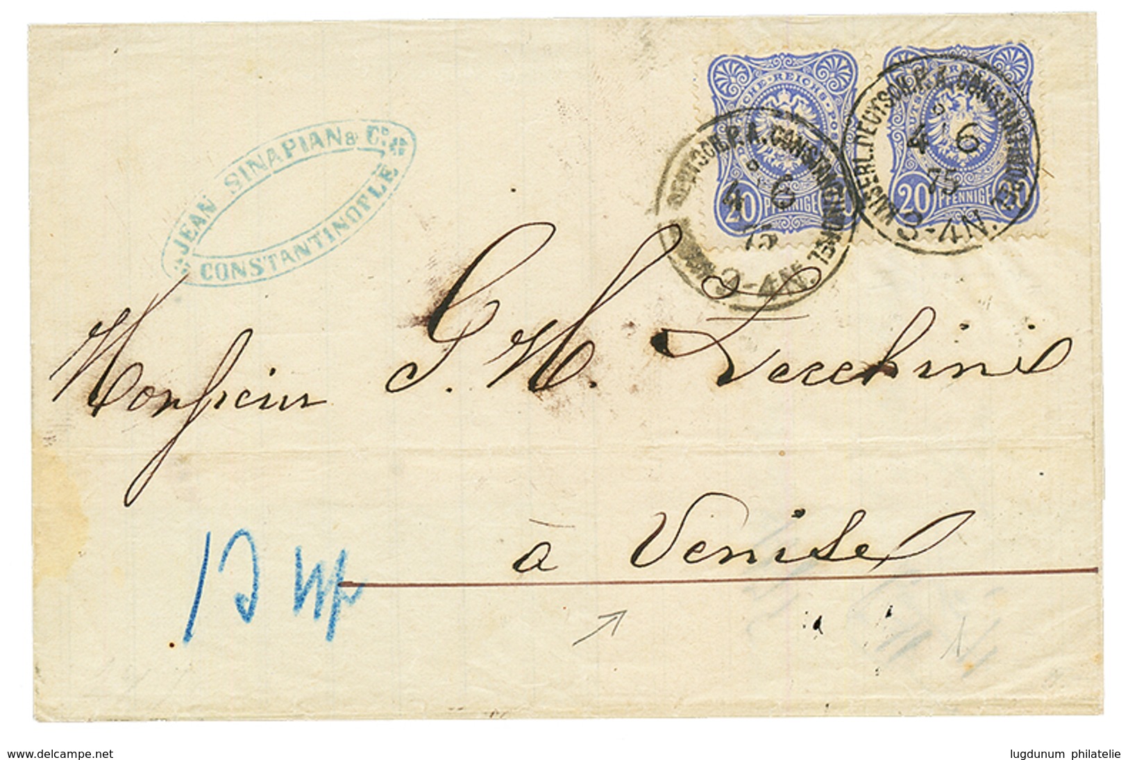 1875 GERMANY 20 Pfge (x2) Canc. KAISERL. DEUTSCHE P.A CONSTANTINOPEL On Cover To VENEZIA (ITALY). Vf. - Turkey (offices)