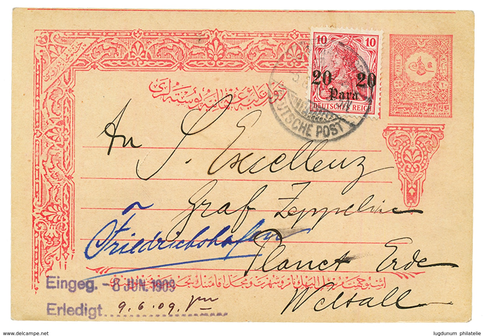 "CONSTANTINOPLE To Graf ZEPPELIN" : 1909 TURKEY 20p + GERMAN LEVANT 20p Canc. CONSTANTINOPEL To "S. Excellenz GRAF ZEPEL - Turkey (offices)