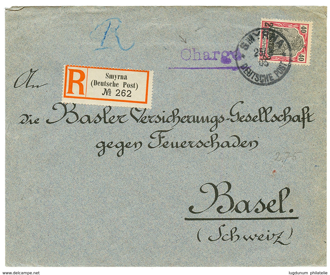 SMYRNA : 1905 2P On 40pf Canc. SMYRNA + CHARGE In Violet On REGISTERED Cover To SWITZERLAND. Superb. - Turkey (offices)