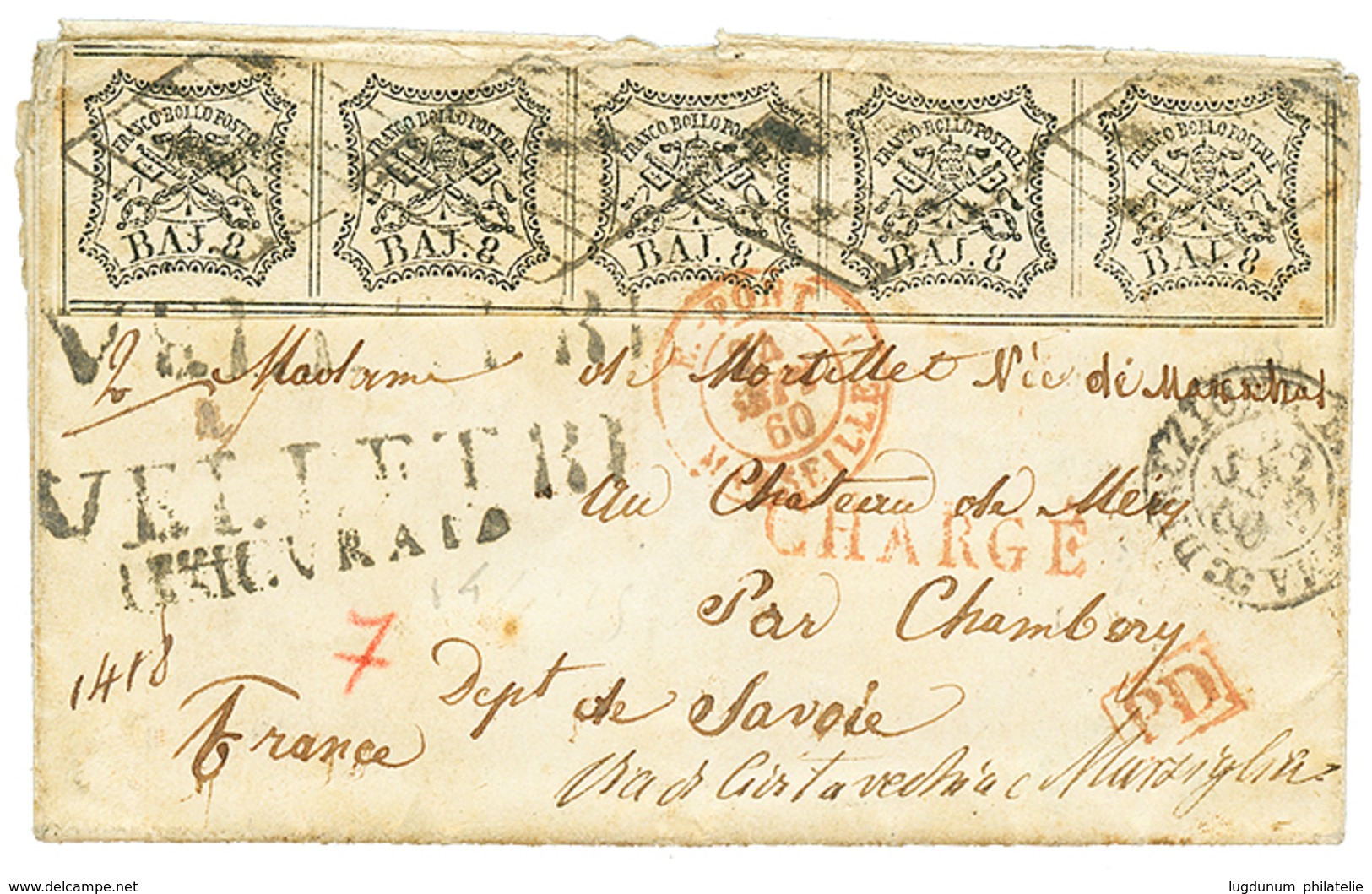 PAPAL STATES : 1860 8B Strip Of 5 + VELLETRI + CHARGE + ASSURATO On Entire Letter To CHAMBERY (FRANCE). RARE. Vvf. - Sin Clasificación