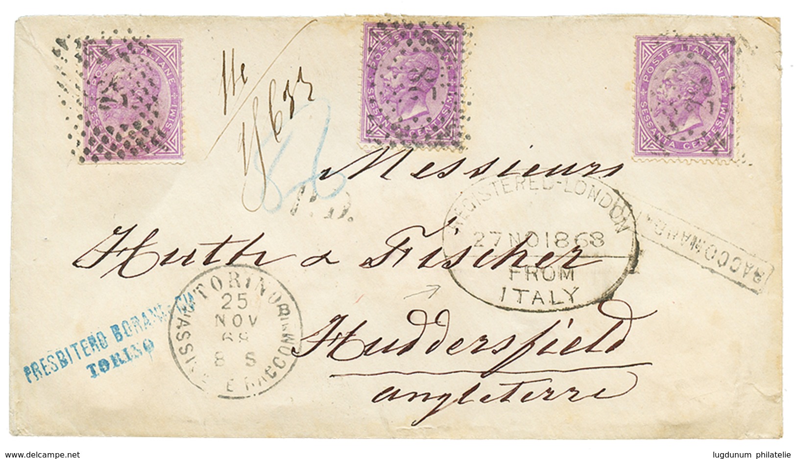 1868 60c(x3) + Rare Cachet REGISTERED LONDON/ FROM ITALY On REGISTERED Envelope To GREAT BRITAIN. One Stamp With Short P - Unclassified